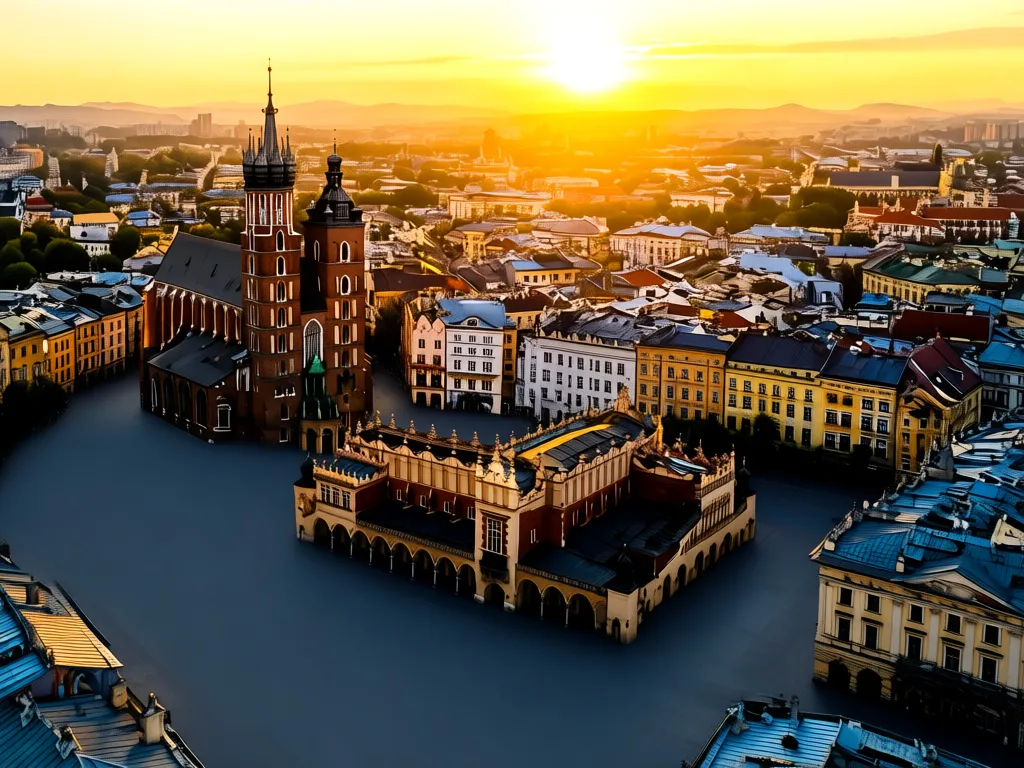 Widok na Rynek Główny w Krakowie cel podróży loty Gdańsk Kraków z lotu ptaka