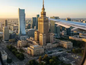 Widok na Warszawę z samolotu podczas lotu Gdańsk Warszawa, panorama stolicy z charakterystycznymi wieżowcami
