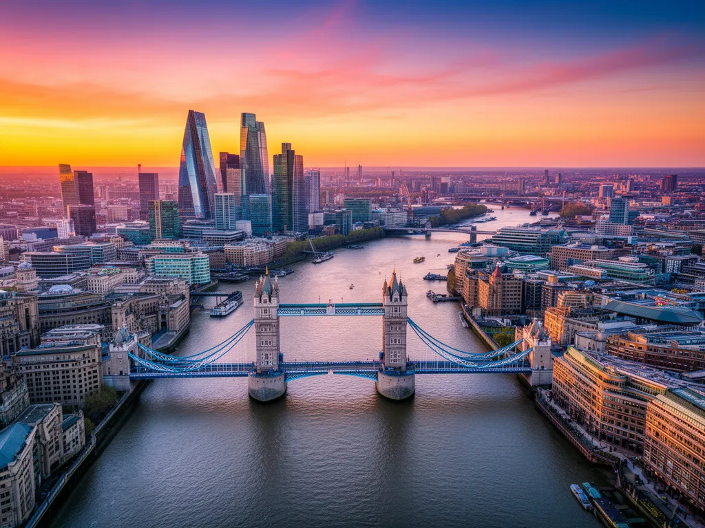 Panorama Londynu z Tower Bridge – popularna destynacja lotów Kraków Londyn dla turystów i osób pracujących w UK