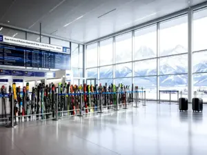 Terminal lotniska z widokiem na ośrodek narciarski - loty narciarskie do Alp