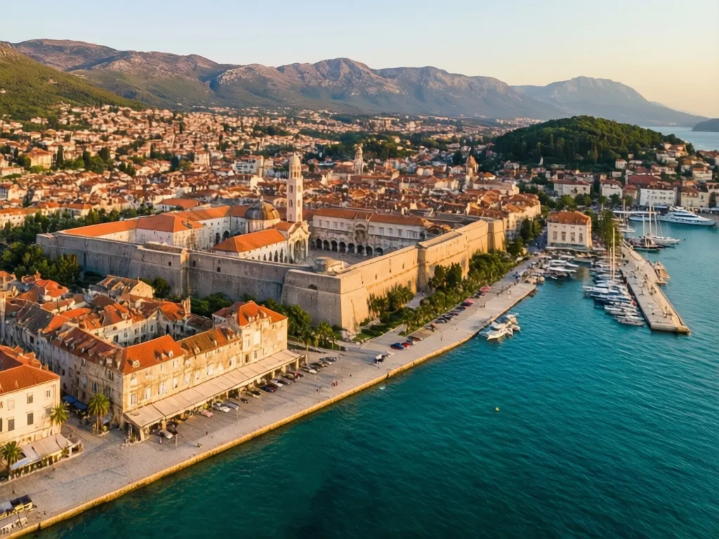 Widok na Split z lotu ptaka - starówka i port, idealne miejsce docelowe dla osób szukających lotów Split