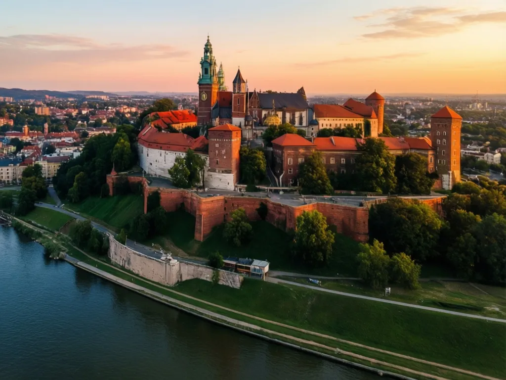 Loty Warszawa Kraków - widok na Wawel i Wisłę, popularna trasa lotnicza w Polsce