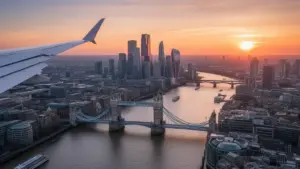 Loty Warszawa Londyn - widok na Tamizę i Tower Bridge z pokładu samolotu lecącego do stolicy Wielkiej Brytanii