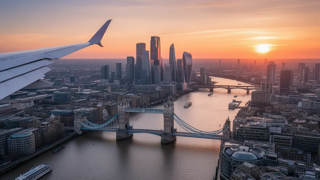 Loty Warszawa Londyn - widok na Tamizę i Tower Bridge z pokładu samolotu lecącego do stolicy Wielkiej Brytanii