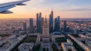 Widok na Warszawę z lotu ptaka podczas podróży samolotem, loty Wrocław Warszawa
