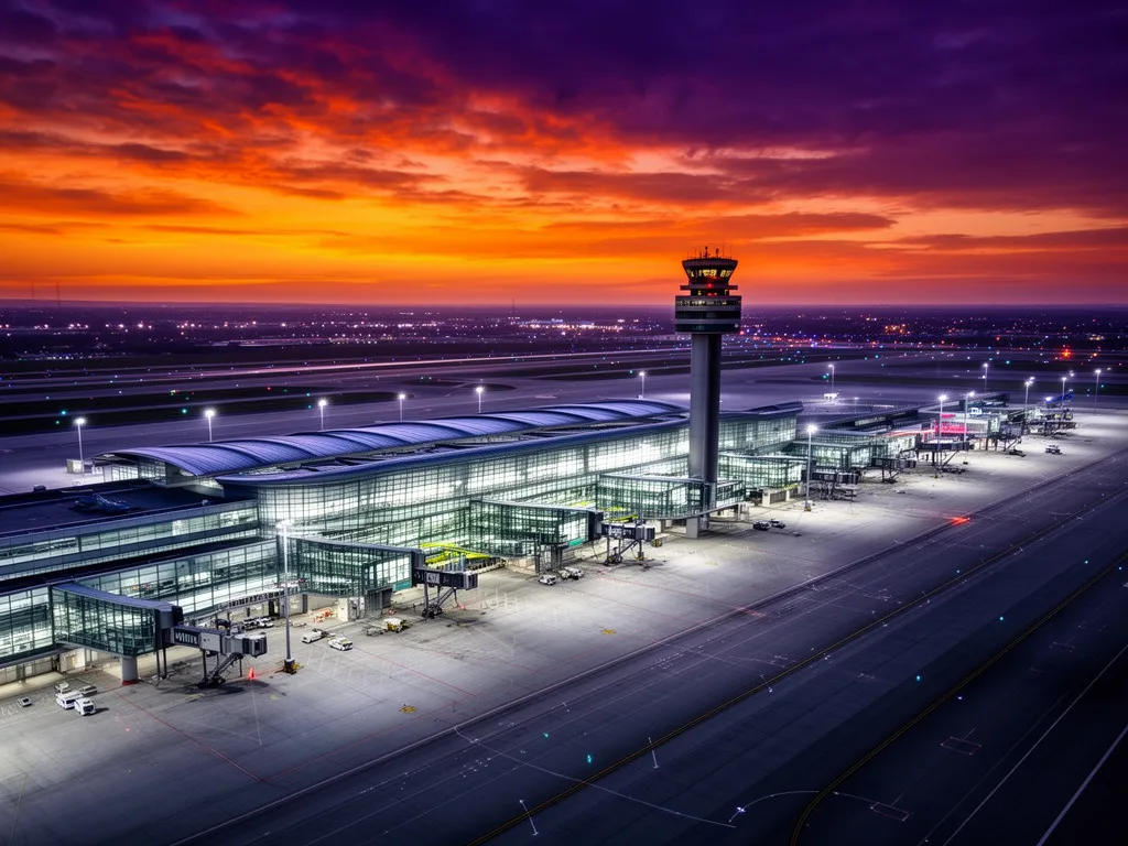Nowoczesny terminal lotniska Chopina w Warszawie o zachodzie słońca – loty z Warszawy do destynacji w Polsce i Europie