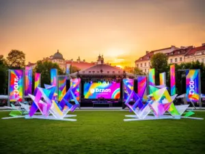 Scena festiwalowa Malta Festival Poznań w parku miejskim podczas letniego wieczoru z kolorowymi instalacjami artystycznymi