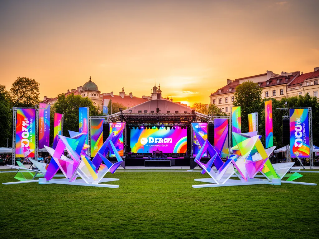 Scena festiwalowa Malta Festival Poznań w parku miejskim podczas letniego wieczoru z kolorowymi instalacjami artystycznymi