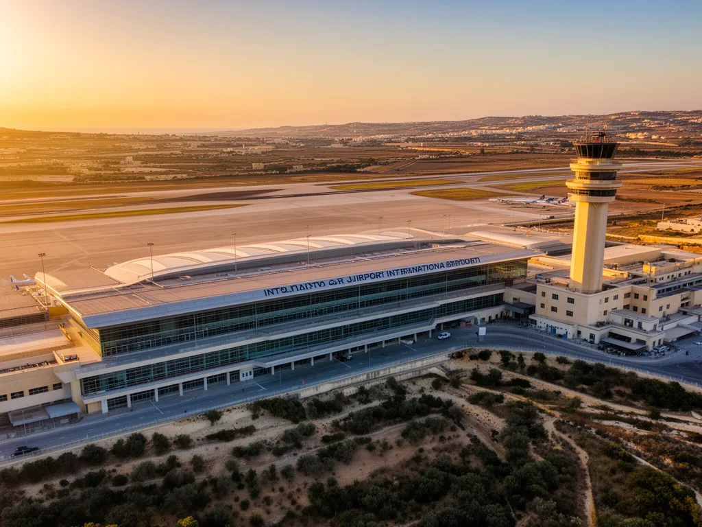 Malta lotnisko – widok na terminal Malta International Airport z lotu ptaka w miejscowości Luqa