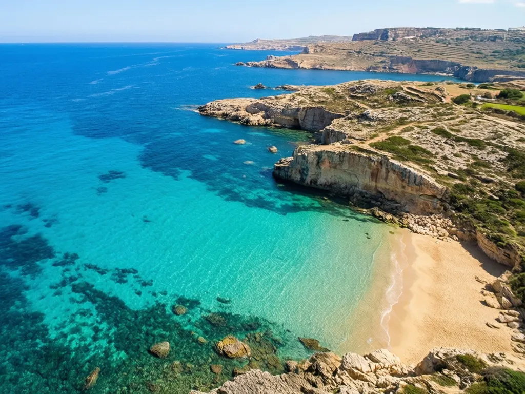 Malta plaże - widok z lotu ptaka na turkusową zatokę z piaszczystym brzegiem i skalistymi klifami