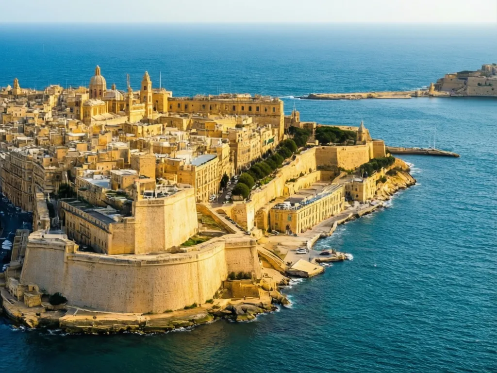 Malta wyspa – widok na zabytkową Vallettę z charakterystycznymi fortyfikacjami i złotymi budynkami nad Morzem Śródziemnym