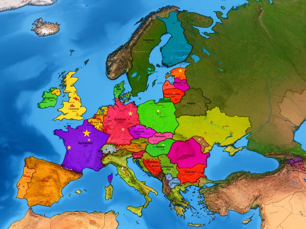 Mapa europy państwa i stolice z zaznaczonymi granicami krajów i lokalizacją wszystkich europejskich stolic