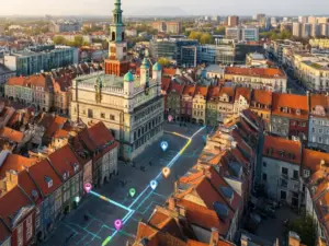 Mapa Google Poznań przedstawiająca Stary Rynek z kolorowymi kamienicami i ratuszem oraz nawigację GPS