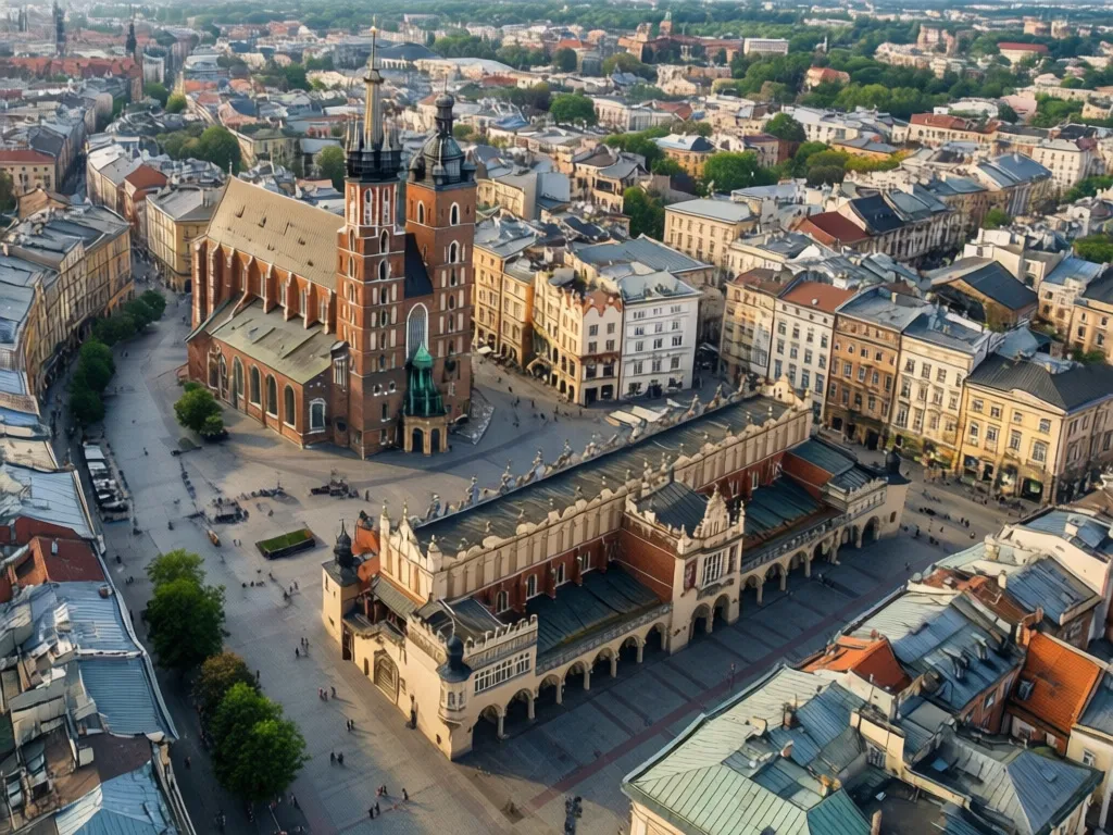 Widok z lotu ptaka na Stare Miasto w Krakowie - mapa Kraków pokazująca układ ulic i główne zabytki centrum miasta