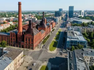 Mapa Łódź przedstawiająca centrum miasta z ulicą Piotrkowską i zabytkowymi budynkami poprzemysłowymi