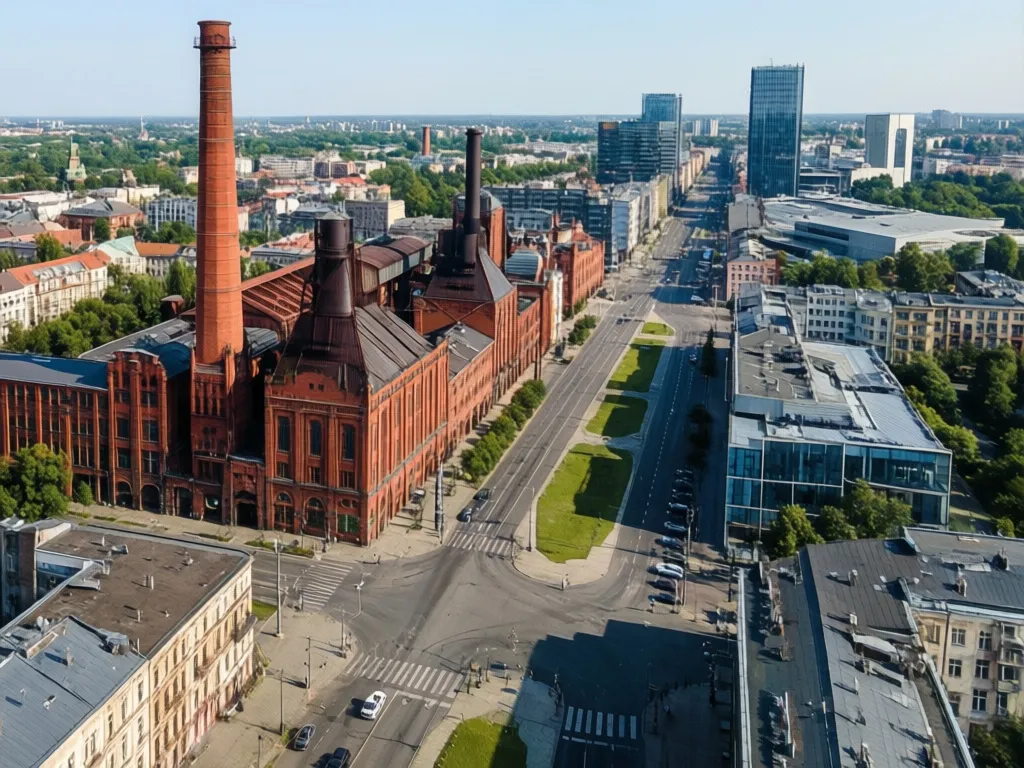 Mapa Łódź przedstawiająca centrum miasta z ulicą Piotrkowską i zabytkowymi budynkami poprzemysłowymi