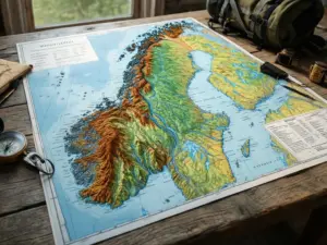 Szczegółowa mapa Norwegii z zaznaczonymi fiordami i szlakami górskimi rozłożona na stole z kompasem