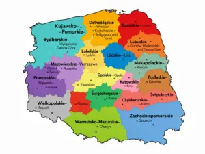 Mapa polski województwa przedstawiająca 16 regionów administracyjnych z zaznaczonymi granicami i stolicami wojewódzkimi