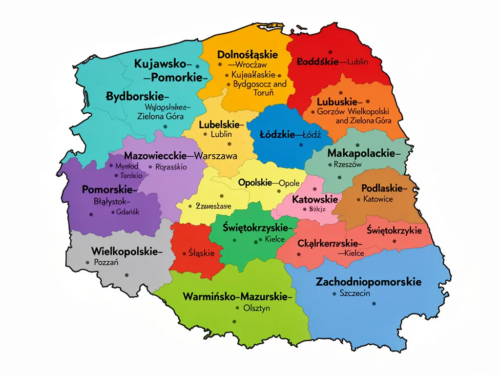 Mapa polski województwa przedstawiająca 16 regionów administracyjnych z zaznaczonymi granicami i stolicami wojewódzkimi