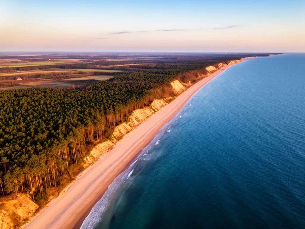 Mapa pomorza - widok na wybrzeże Bałtyku z plażami i klifami charakterystycznymi dla regionu pomorskiego