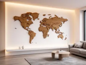 Mapa świata na ścianę w stylu drewnianym 3D jako elegancka dekoracja salonu w nowoczesnym wnętrzu