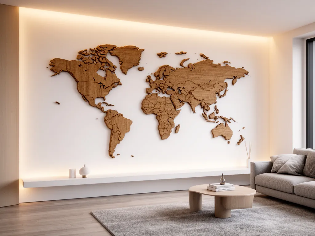 Mapa świata na ścianę w stylu drewnianym 3D jako elegancka dekoracja salonu w nowoczesnym wnętrzu