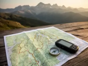 Mapa szlaków turystycznych rozłożona na stole z kompasem i urządzeniem GPS w tle górskiego krajobrazu