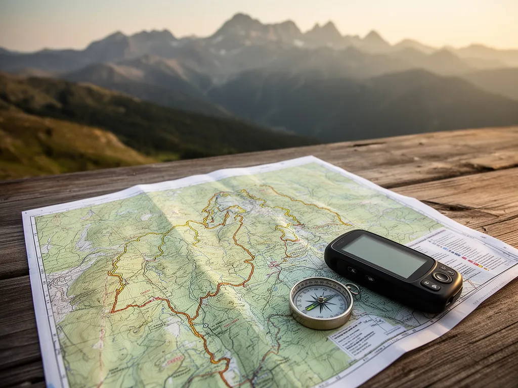 Mapa szlaków turystycznych rozłożona na stole z kompasem i urządzeniem GPS w tle górskiego krajobrazu