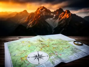 Mapa turystyczna Tatry rozłożona na tle tatrzańskich szczytów i szlaków górskich