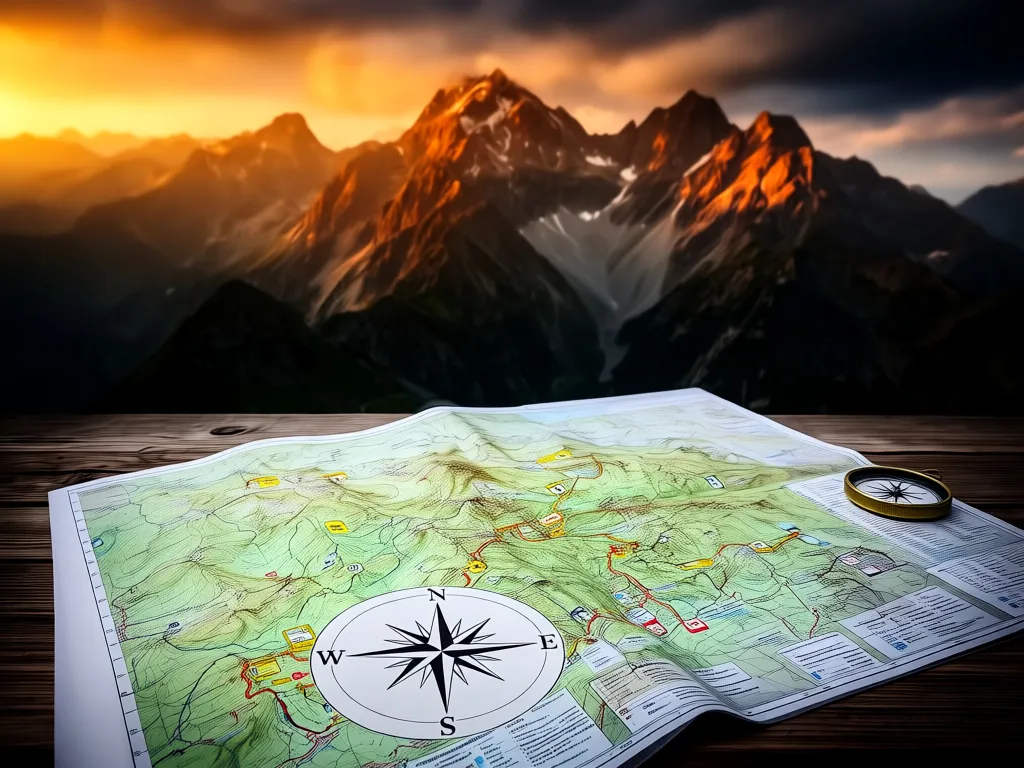 Mapa turystyczna Tatry rozłożona na tle tatrzańskich szczytów i szlaków górskich