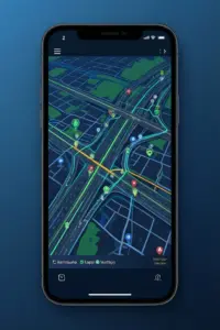 Interfejs aplikacji mobilnej z funkcją mapa wyznacz trasę pokazujący planowanie optymalnej drogi z pinezkami GPS