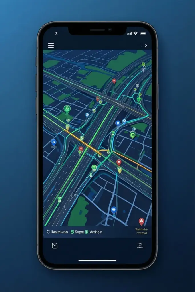 Interfejs aplikacji mobilnej z funkcją mapa wyznacz trasę pokazujący planowanie optymalnej drogi z pinezkami GPS