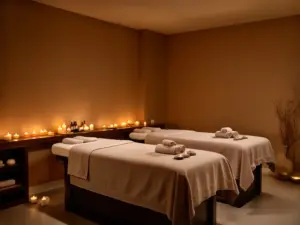 Eleganckie wnętrze spa z dwoma stolikami do masażu przygotowanymi na masaż dla dwojga w relaksującej atmosferze