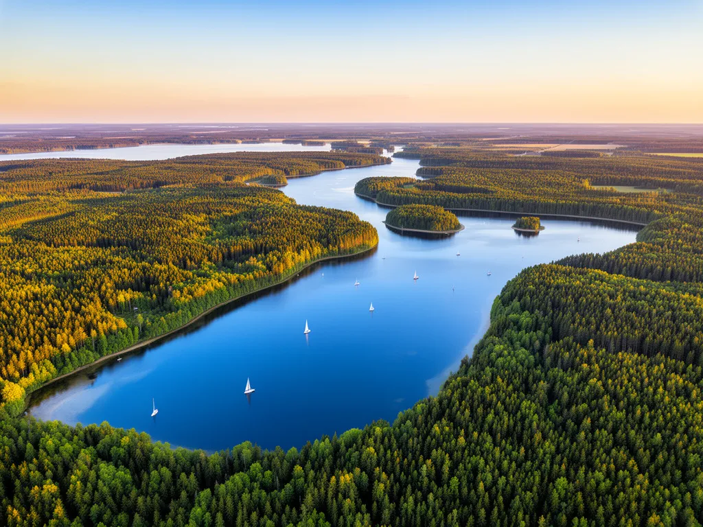 Mazury atrakcje - widok z lotu ptaka na Krainę Wielkich Jezior Mazurskich z żaglówkami i lasami