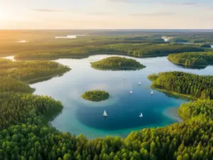Mazury jeziora - malowniczy widok z lotu ptaka na czyste mazurskie jeziora otoczone lasami i wyspami