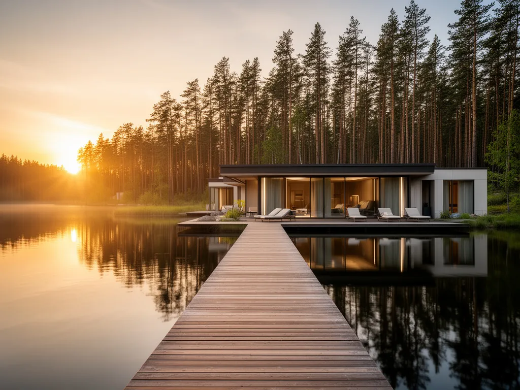 Luksusowy ośrodek mazury spa nad jeziorem o zachodzie słońca z drewnianym pomostem i strefą wellness