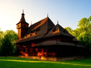 Zabytkowy meczet w Polsce z drewnianą architekturą i minaretem na tle zielonych terenów