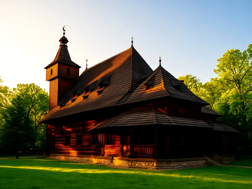 Zabytkowy meczet w Polsce z drewnianą architekturą i minaretem na tle zielonych terenów
