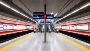 Nowoczesna stacja metro Praga z charakterystycznymi kolorowymi liniami i przejrzystą architekturą