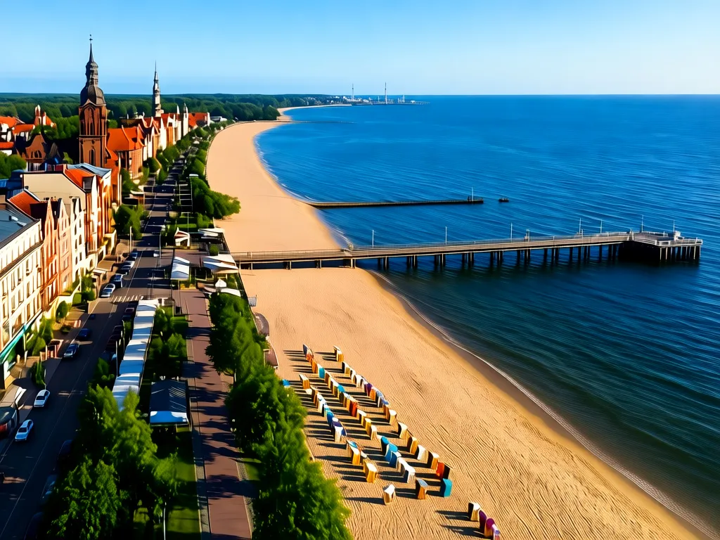 Panorama polskiego kurortu nad Bałtykiem - miasta nad morzem z plażą, molo i nadmorską promenadą