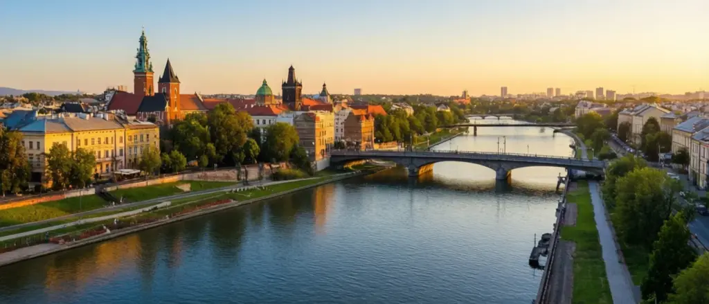 Panorama Wisły w Krakowie – miasto goszczące mecze Miedź Wisła Kraków w rozgrywkach Betclic 1 Ligi
