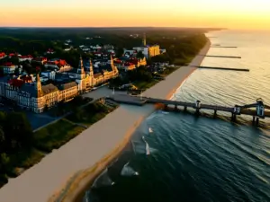 Widok na plażę i molo w Międzyzdrojach gdzie dostępne są liczne noclegi dla turystów nad Bałtykiem