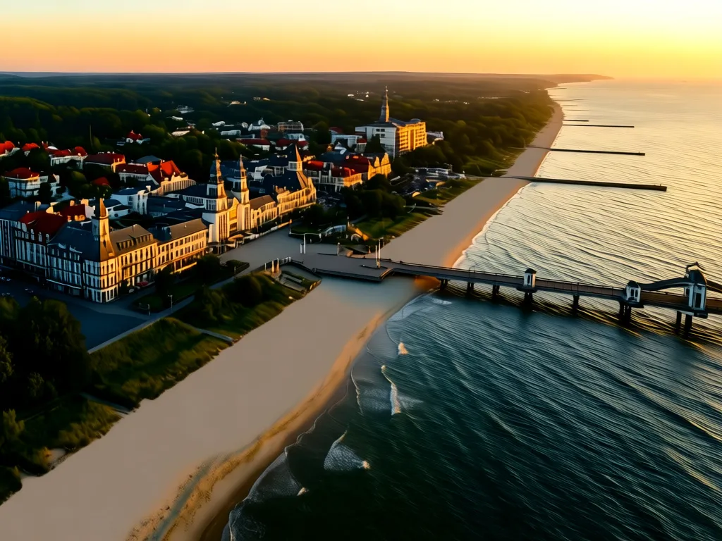 Widok na plażę i molo w Międzyzdrojach gdzie dostępne są liczne noclegi dla turystów nad Bałtykiem