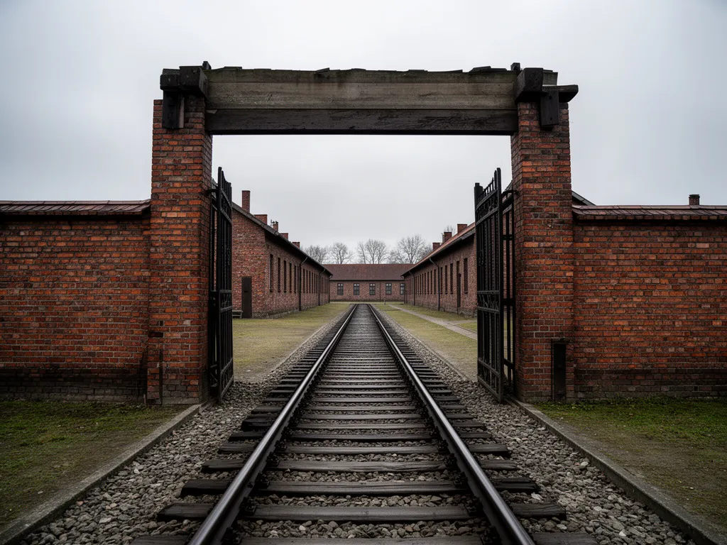 Brama wejściowa i tory kolejowe w Miejscu Pamięci i Muzeum Auschwitz-Birkenau, widok na historyczne zabudowania obozu