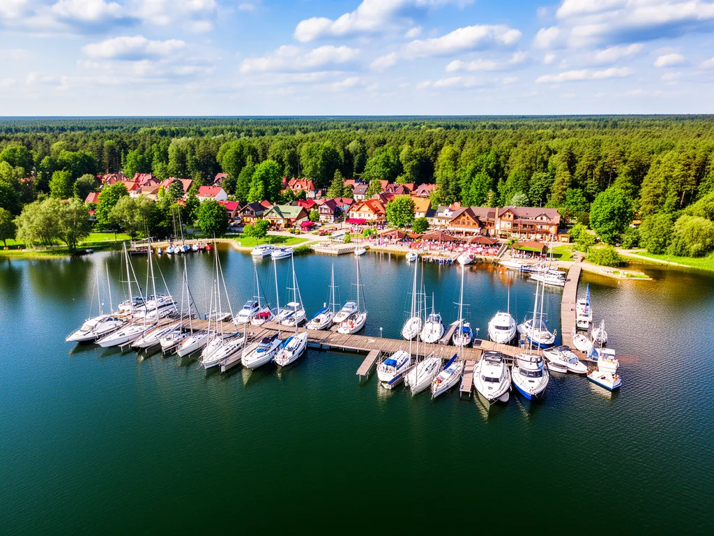 Mikołajki atrakcje - przystań żeglarska z jachtami na mazurskim jeziorze w słoneczny dzień
