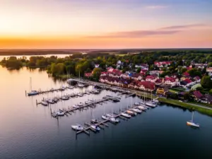 Mikołajki noclegi nad jeziorem - przystań żeglarska i nabrzeże w centrum mazurskiego kurortu