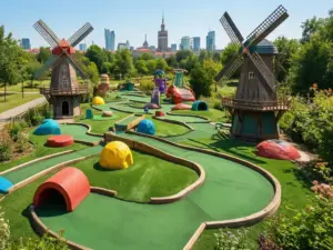 Kolorowy tor mini golf warszawa z przeszkodami i wiatrakami w parku miejskim