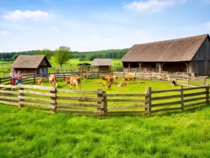 Mini zoo mazowieckie z drewnianymi ogrodzeniami i zwierzętami gospodarskimi na tle zielonych łąk i wiejskiego krajobrazu