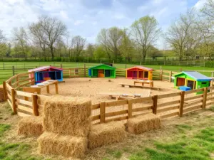 Mini zoo Warszawa – zagrody dla zwierząt z drewnianymi ogrodzeniami i stacjami karmienia w dzielnicy Ursus