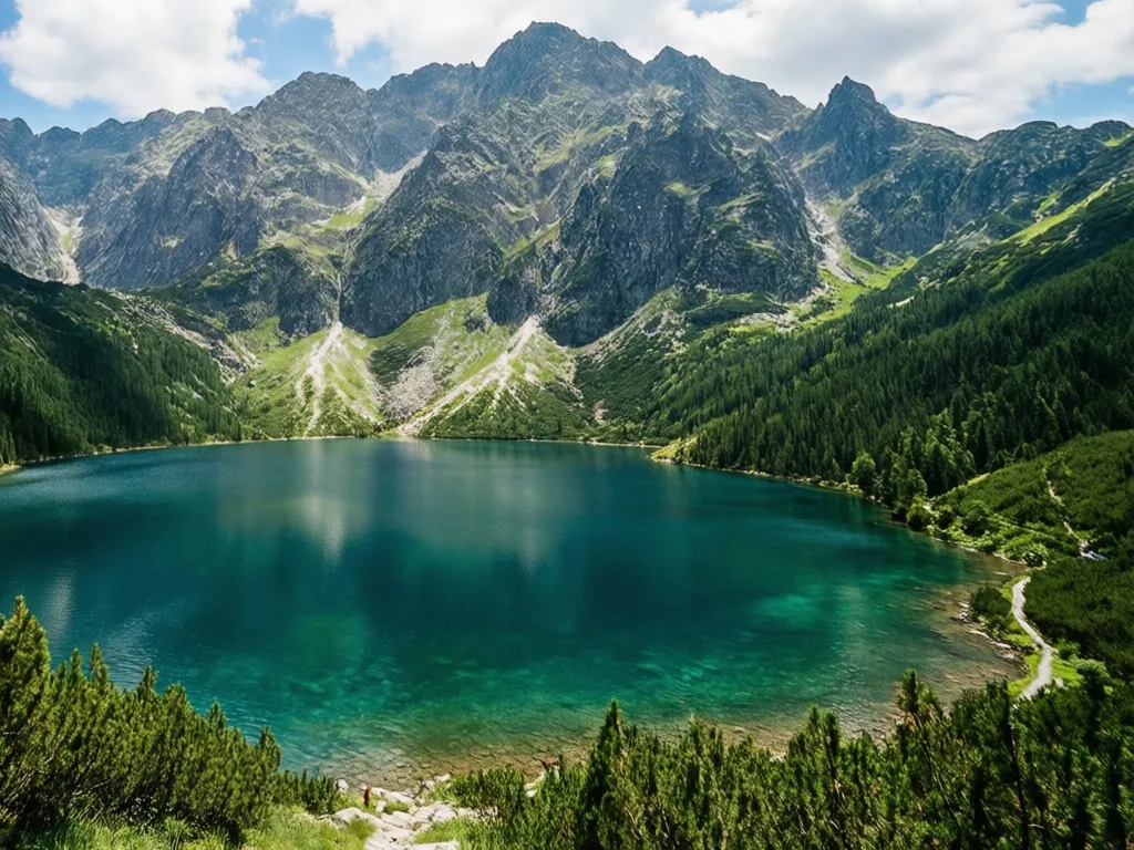 Morskie Oko z psem - malowniczy widok na tatrzańskie jezioro otoczone górskimi szczytami, szlak turystyczny prowadzący nad wodę